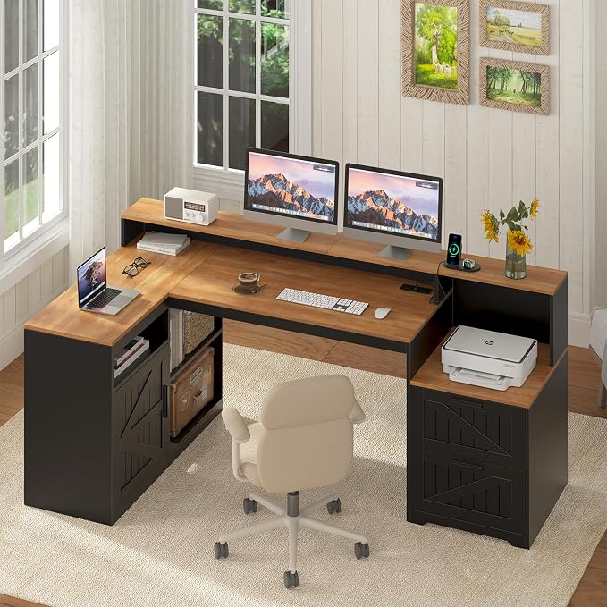 TVU Farmhouse L Shaped Desk with Drawers, 62.2" Home Office Desk with Storage Shelves and Power Outlet, L Shaped Computer Desk with Monitor Stand and Printer Shelf, Brown and Black