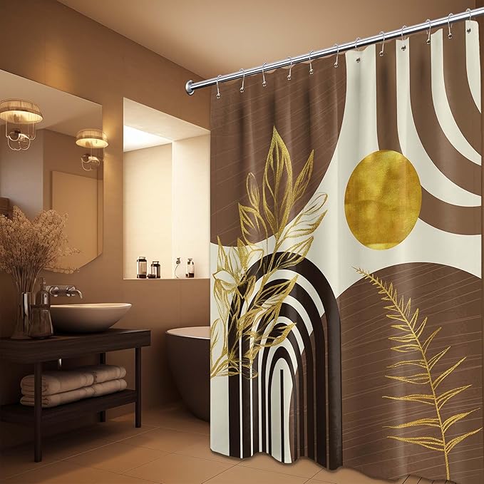Mid Century Modern Black and Brown Shower Curtain Boho Beige and Dark Tan Gold Shower Curtains for Mens Bathroom Decor Sets, Waterproof Cloth Fabric with Hooks, 70x84in