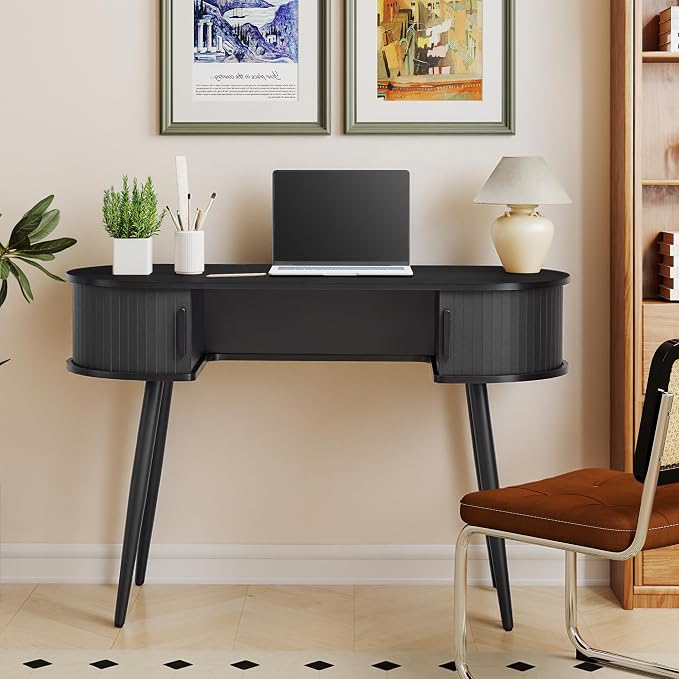 43" Mid-Century Writing Desk with Storage, Mid-Century Modern Home Office Wood Writing Desk for Bedroom, Small Table Compact Workstation for Living Room, Study (Black)