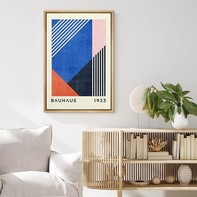 MUDECOR Framed Canvas Print Wall Art Blue Pink Orange Geometric Bauhaus Collage Abstract Shapes Illustrations Fine Art Mid-Century Modern Multicolor for Living Room, Bedroom, Office - 24"x36" Natural