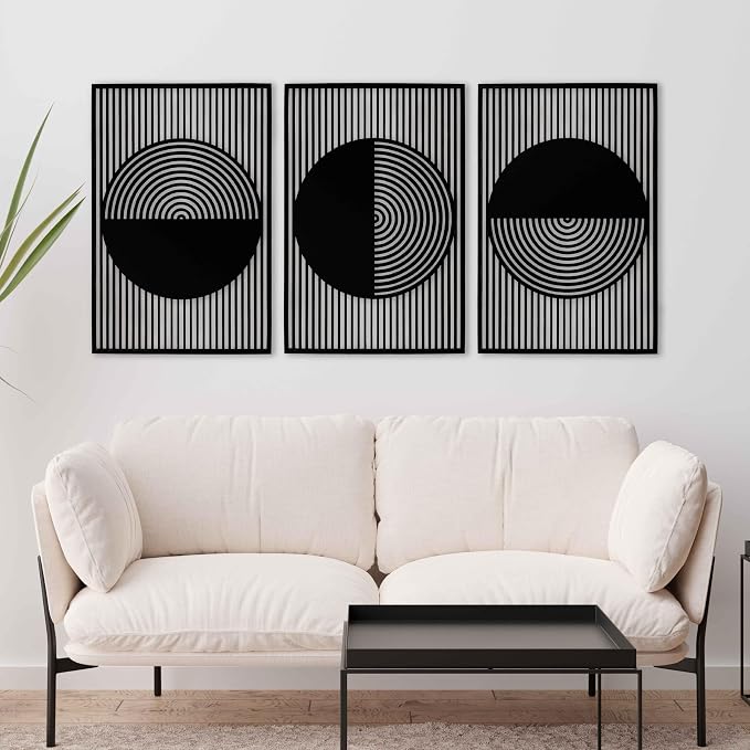 Boho Wood Wall Art Triptych, Abstract Geometric Wooden Panels, Mid Century Modern Scandinavian Decor, Large Statement New House Gift for Living Room and Bedroom