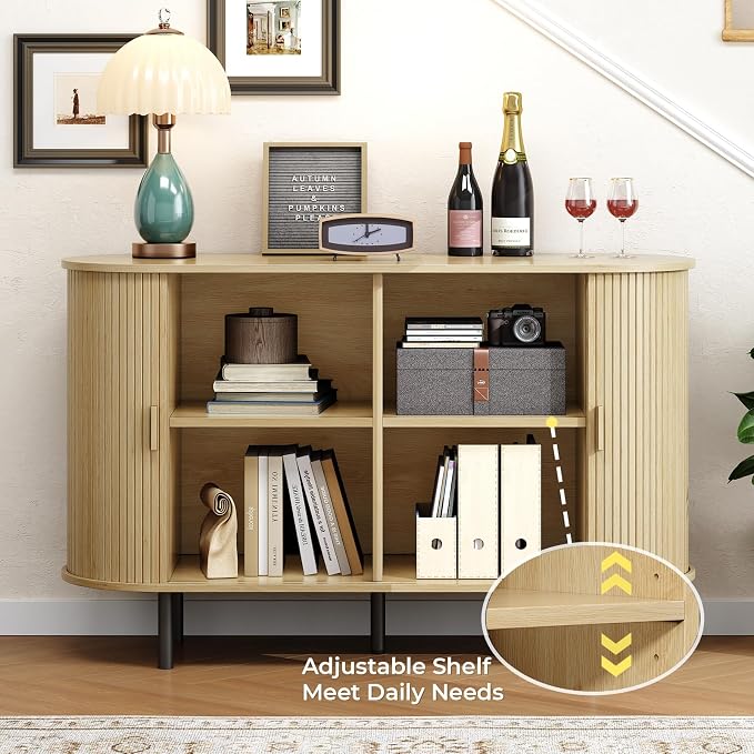 Buffet Cabinet with Storage, Fluted Sideboard Buffet with Sliding Door, Coffee Bar Cabinet with Adjustable Shelf, Console Table, Accent Table for Entryway, Kitchen (Oak, 48 Inch)