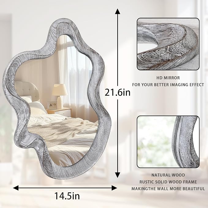 Irregular Wooden Framed Wall Mirror Modern Asymmetrical Mirror Rustic Black Cloud Hanging Mirror Artistic Wavy Mirror Decor Bathroom Vanity Bedroom Living Room Entryway Hallway Large 21.6"x15"