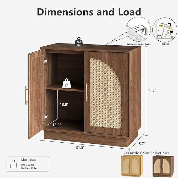 FORTUNETEC Sideboard Buffet Cabinet with Storage Set of 3, Modern Accent Cabinet with Rattan Arched Doors, Modular Media Console, Boho Credenza for Living Room Kitchen Dining Room Entryway, Walnut