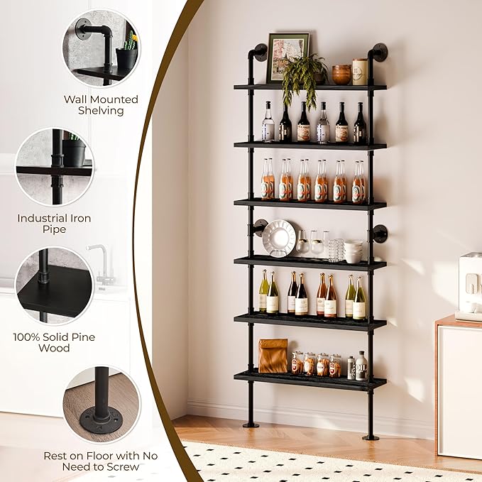 6 Tier Industrial Ladder Shelf Bookcase, Wall Mounted Rustic Bookshelf for Living Room Decor and Storage (Black, 6 Tier - 10" D x 36" W x 82.5" H)