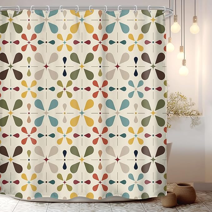 LGhtyro Boho Mid Century Shower Curtain Bathroom Set 71Wx71H Inches Modern Abstract Bohemian Vintage Colourful Geometric Retro Bath Accessories Water Drop Art Home Decor Fabric 12 Pack Hooks