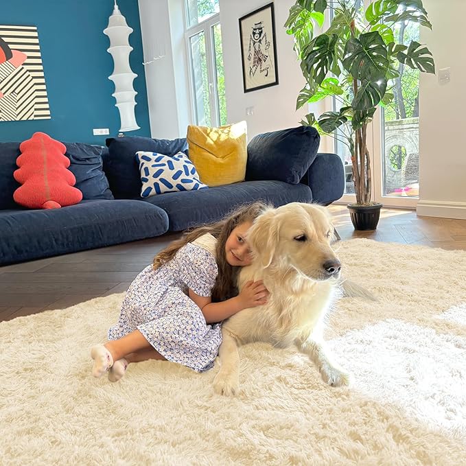OLANLY 9x12 Machine Washable Large Area Rugs for Living Room, Bedroom, Soft Fluffy Shaggy Bedside Rug, Indoor Floor Carpet for Kids Girls and Boys, Dorms, Nursery, Home Decor Aesthetic, Cream