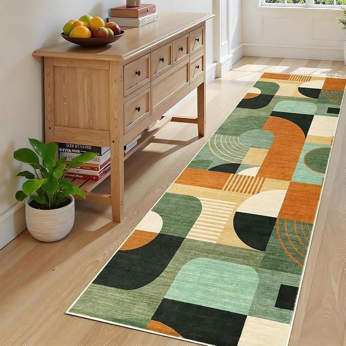 Runner Rugs 2x6, Boho Geometric Print Washable Hallway Runner Long Entryway Rug Soft Low Pile Non-Slip Kitchen Rug Runners for Bedroom Laundry, Green Multi, 2'x6'