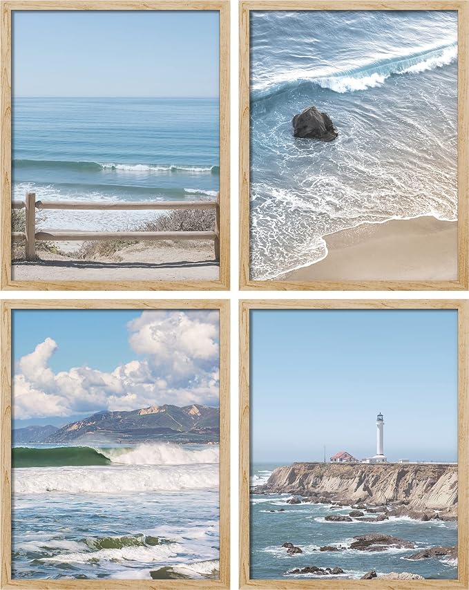 SIGNWIN Framed White Aerial View Blue Ocean Wave Beach Shore Wall Art, Set of 4 Landscape Colorful Wall Decor Prints, Nature Wilderness Wall Décor for Living Room, Bedroom - 8"x10" Natural