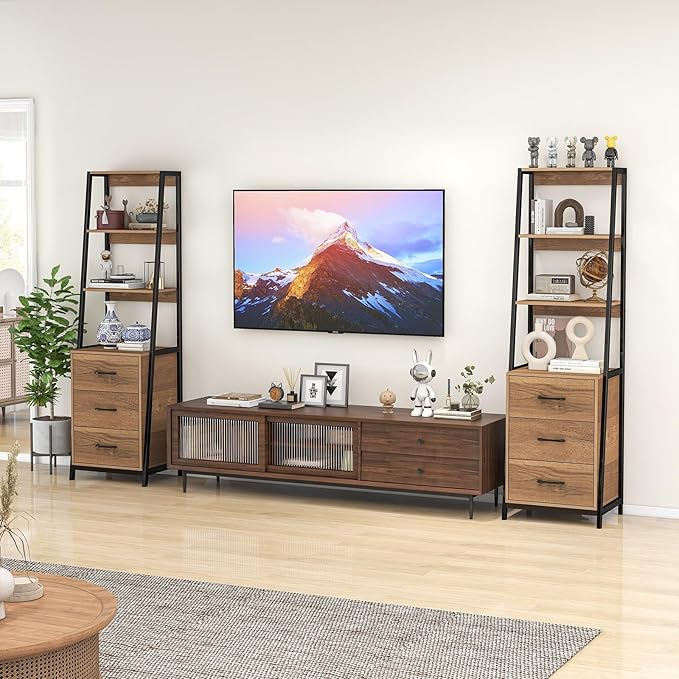 Giantex Ladder Bookshelf with Drawers, 69" Tall Wooden Bookcase with 4 Shelves, Modern Book Shelf Storage Organizer Unit, Freestanding Display Shelving Rack for Living Room, Bedroom (Brown)