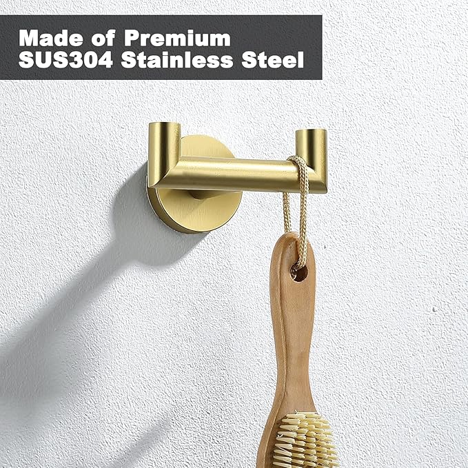 Towel Hooks for Bathrooms, Brushed Gold Towel Hook for Kitchen Bathroom, SUS304 Stainless Steel Coat Hook, Heavy Duty Double Towels Holder Hooks for Hanging Towels,Coats, sponges, Wall Mount, 1 Pack