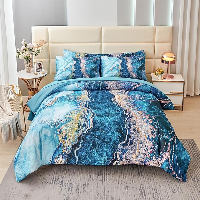 PERFEMET 6 Pcs Teal Marble Comforter Set Queen Watercolor Marble Printed Quilt Set Luxury Retro Artwork Style Gold Bed in A Bag Complete Set(Teal, Queen)