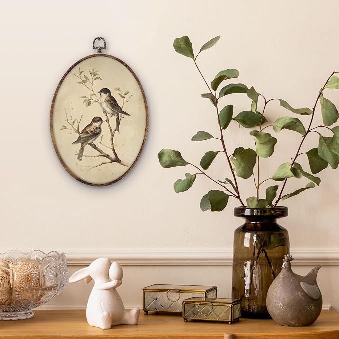 DILSJ Vintage Sparrow Bird Oval Wall Art Decor, Cottagecore Botanical Farmhouse Canvas Wall Art Framed, Rustic Bird Hanging Decorations for Home Bedroom Living Room Farmhouse, 8.5x11 Inch