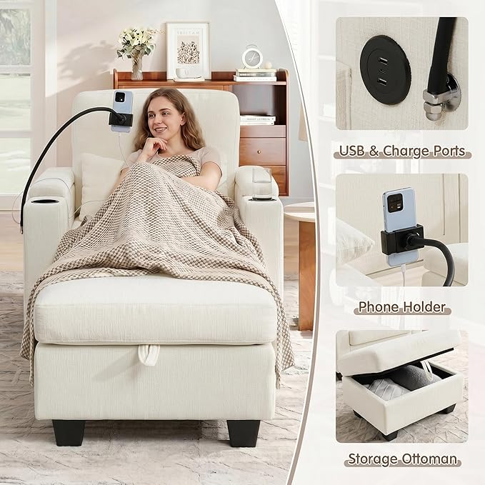 Small Chaise Lounge Chair Indoor with Ottoman&Adjustable Backrest,Chenille Tufted Recliner Comfy Sofa Chair with USB,Phone Holder&Storage Arms,Convertible Sleeper Couch Bed for Living Room(37"W,Beige)