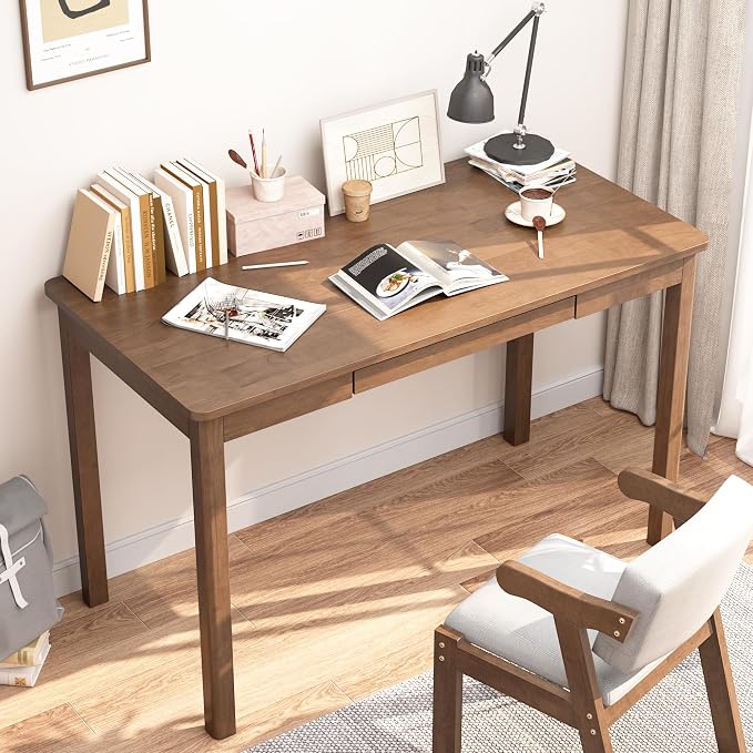 Solid Wood Desk with Keyboard Tray - 48 Inch Mid Century Modern Writing Desk, Computer Desks with Keyboard Tray, Simple Study Table Home Office Desks for Bedroom|Small Spaces-Walnut Color