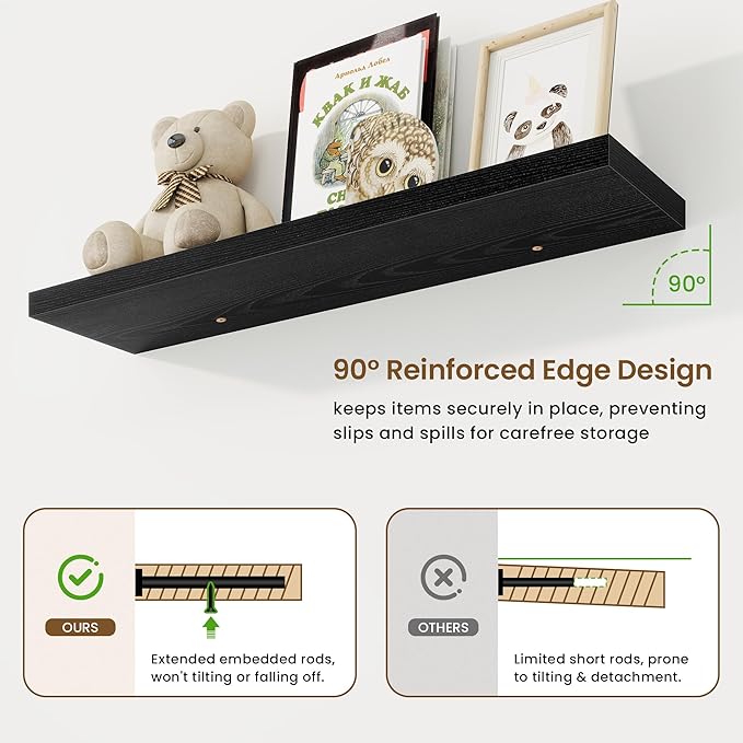 40in Floating Shelves for Wall, 40"W x 9.25"D x 1.25"H, 2 Pack Long Wall Mounted Engineered Wood Shelves with Invisible Brackets for Living Room, Bedroom, Bathroom, Kitchen Decor and Storage, Black