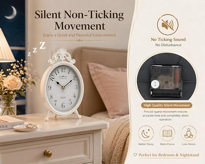 Battery Operated French Vintage Table Clock, 10.8" Small European Shabby Chic Mantel Clock with Ornate Scrollwork, Retro Desk Clock Quartz Silent Non-Ticking for Living Room, Bedside, Fireplace Decor
