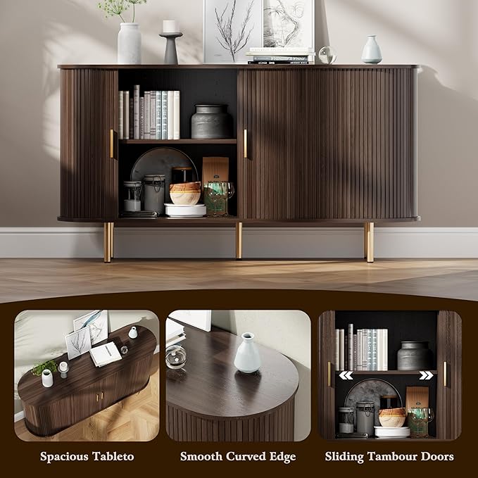 DHH Sideboard Buffet Cabinet with Storage,Mid Century Modern Fluted Accent Coffee Bar Console Table,Tambour Sliding Doors& Adjustable Shelf for Kitchen, Living Room, Entryway(Dark Walnut,55 Inch)