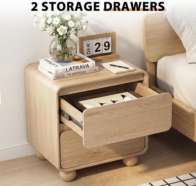 AVZEAR Modern 2 Drawer Dresser, 2 Drawer Nightstand Small Wooden Dresser Chest of Drawers, Handle Free & Curved Profile Design Sofa End Table for Living Room, Nursery, Natural
