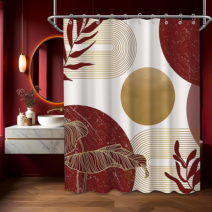 Red and Gold Shower Curtain Burgundy Dark Red and White Shower Curtains for Bathroom Decor Abstract MCM Bath Curtain Set, Waterproof Fabric with Hooks 60 x 72 Inch