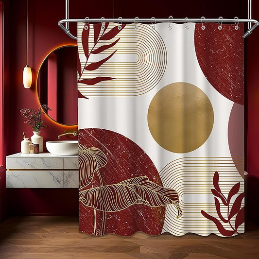 Red and Gold Shower Curtain Burgundy Dark Red and White Shower Curtains for Bathroom Decor Abstract MCM Bath Curtain Set, Waterproof Fabric with Hooks 60 x 72 Inch