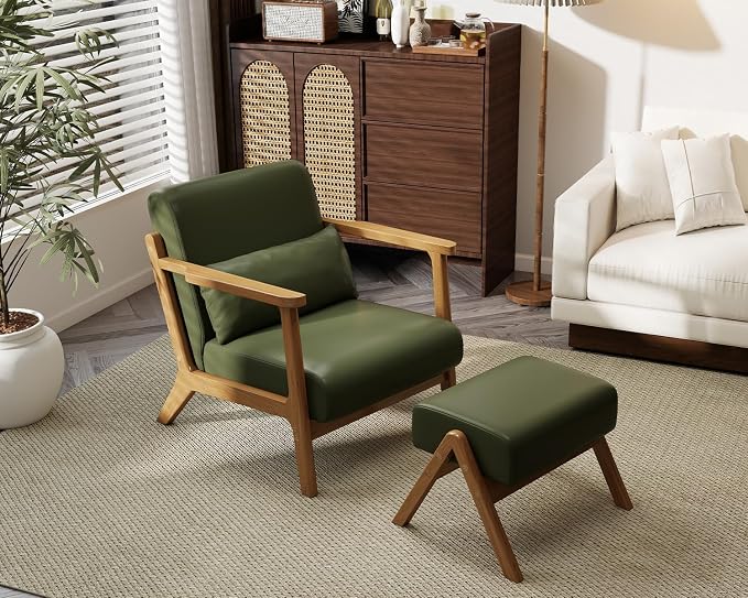 Accent Chair and Ottoman Set, Mid-Century Modern Faux Leather Upholstered Lounge Armchair with Pillow, Solid Wood Frame & Comfortable Cushion for Living Room, Bedroom, Balcony, Green