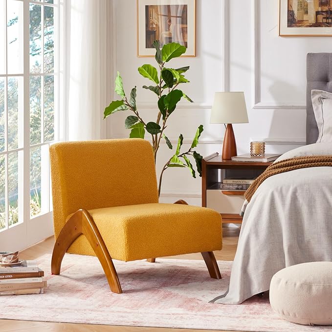 Oversized Accent Chair, upholstered armless mid Century Modern Living Room Chair with Wooden Legs for Bedroom/Office/Cafe, Sherpa Yellow