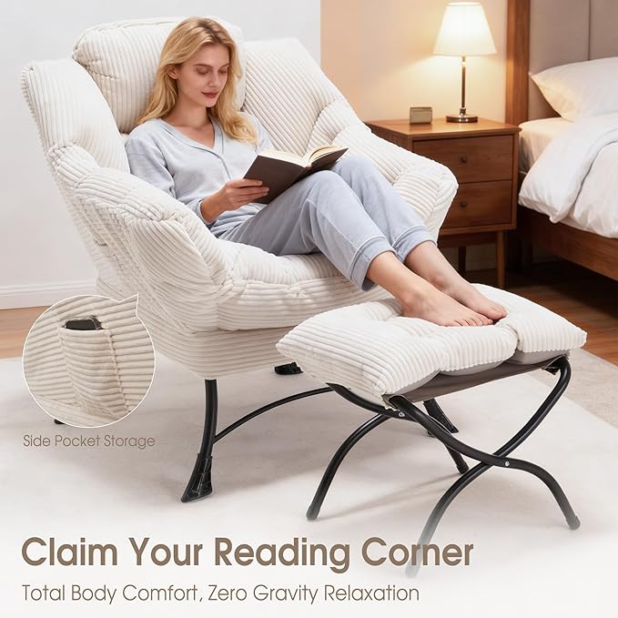 Lazy Chair with Ottoman, Comfy Lounge Chair for Reading, Relaxing, and Napping, Perfect for Living Room, Bedroom, or Office, White