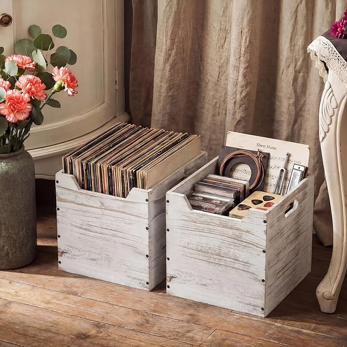 Colingmill 2 Pack Wooden Storage Box Bins Wood Crate with Open Front Stackable Cube Storage Organizer Bins for Books Records Home Pantry Clothes Toy Closet (11 Inch,White)