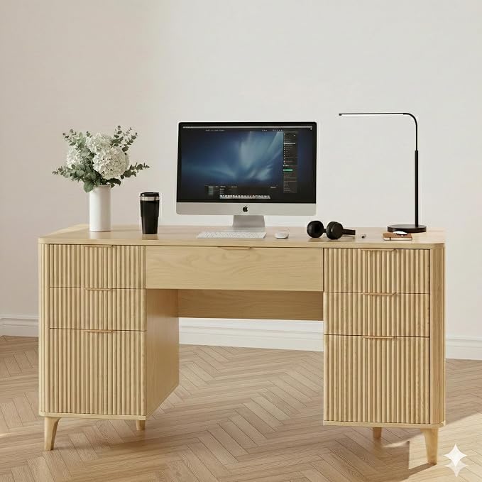 Wooden Desk with Drawers, 55" Fluted Executive Desk with Storage Cabinet, Wood Home Office Desk with File Cabinet, Modern Computer Writing Desk for Study, Living Room, Bedroom