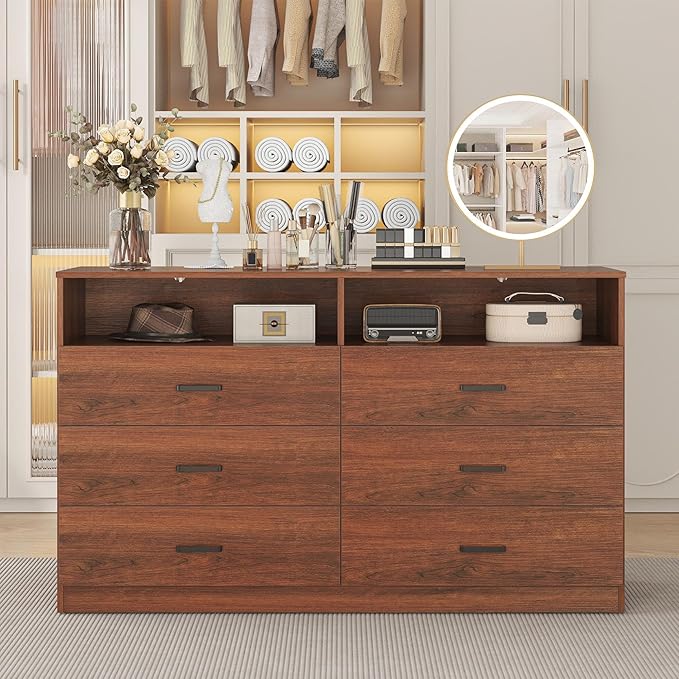 Bigbiglife 6 Drawers Dresser for Bedroom Wooden Drawer with Open Storage Cubby, Double Wide Dresser Organizer for Bedroom, Living Room, Entryway, Hallway (Walnut Brown)
