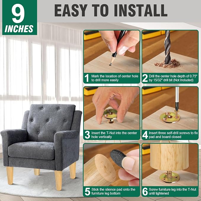 FoDau770 Rubber Wood Furniture Legs 9 Inches, 5/16" UNC Straight Tapered Wood Feet Mid Century Sofa Legs, Wooden Furniture Feet Replacement Parts for Cabinet Couch Dresser Chair Ottoman Table
