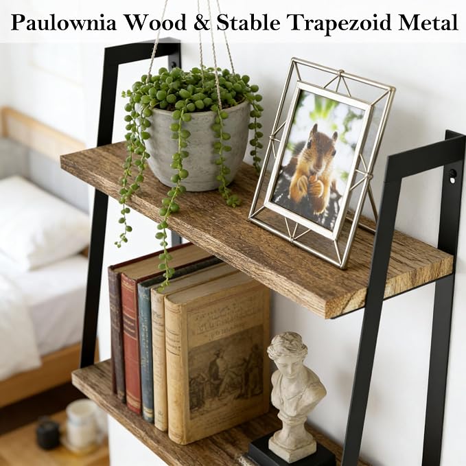 SRIWATANA Floating Wall Shelves, 2-Tier Rustic Wood Shelves for Bedoom, Bathroom, Living Room, Kitchen(Carbonized Black)