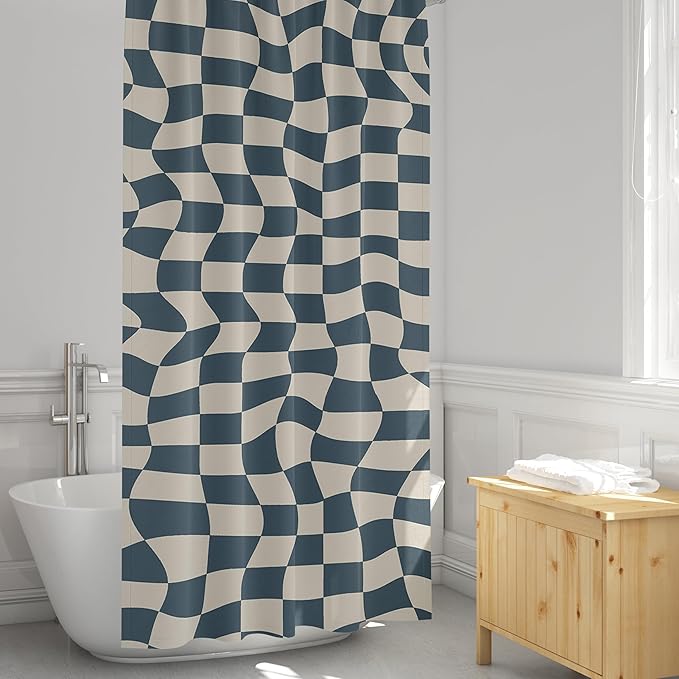 Wavy Check Print Shower Curtain - Modern Home Decor - Neutral Boho Style Checkered Fabric Shower Curtain for Any Bathroom - 72x72 Inches (Wavy Check)
