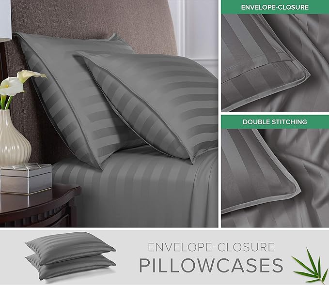 Pure Bamboo Split King Sheets, Genuine 100% Organic Viscose Derived from Bamboo Bed Sheet Set, Soft & Cooling, Double Stitching, 2 Fitted Sheets (Split King, Jacquard Stone)
