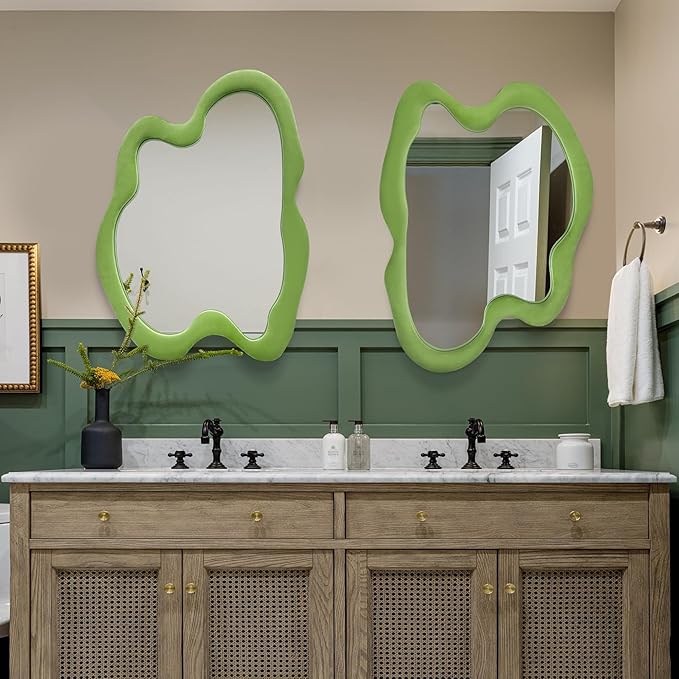 Irregular Wall Mirror, 24"x 32" Green Wavy Mirror, Flannel Wrapped Wooden Frame Asymmetrical Decorative Mirrors, Modern Wall Mirror for Bedroom Living Room Entryway