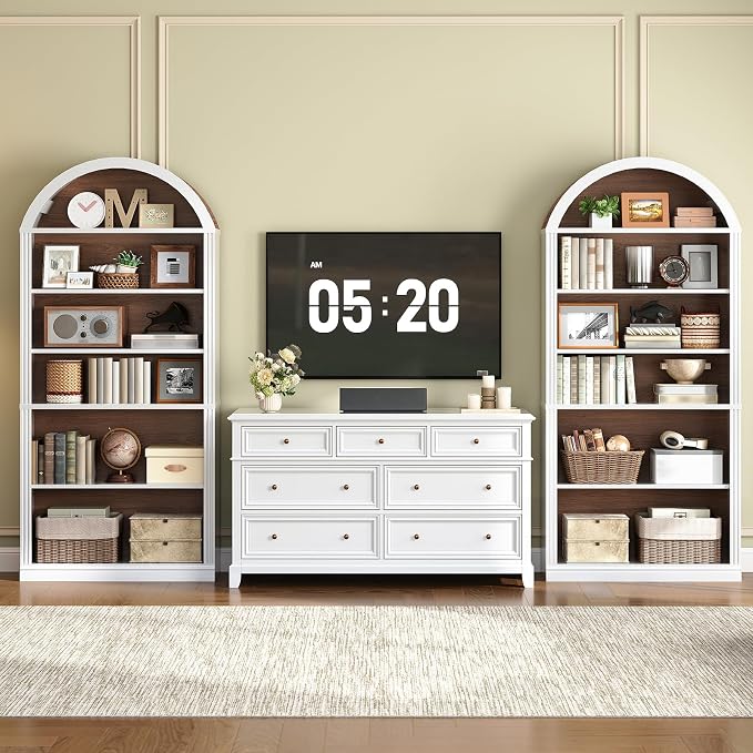 RALGEND Arched Bookshelf Set of 2, 75.8" Tall Arch Bookcase with Storage, 6-Tier Farmhouse Book Shelf, Arched Cabinet, Wooden Bookshelf with Open Display Shelves, Adjustable Shelf, White and Walnut