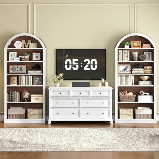 RALGEND Arched Bookshelf Set of 2, 75.8" Tall Arch Bookcase with Storage, 6-Tier Farmhouse Book Shelf, Arched Cabinet, Wooden Bookshelf with Open Display Shelves, Adjustable Shelf, White and Walnut