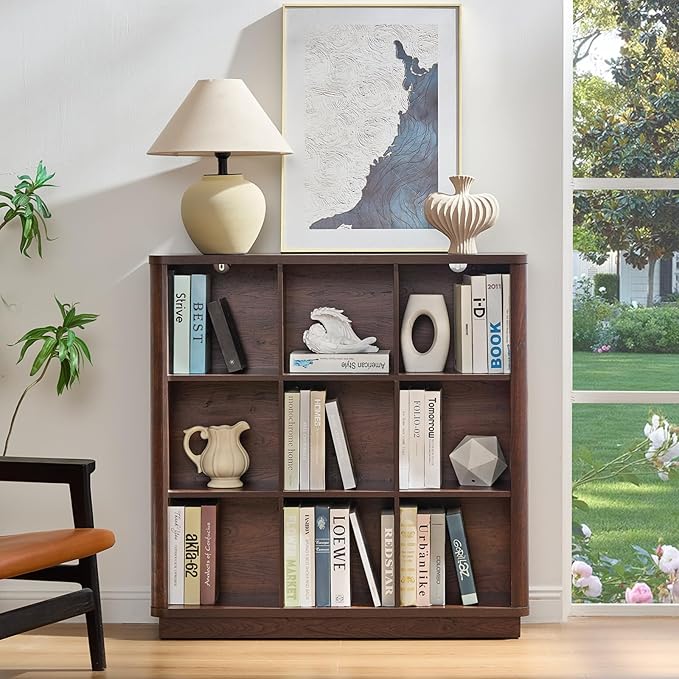 9 Cube Bookshelf, 41" Tall Organizer Bookcase with Curved Edge, Wood Floor Standing 3-Tier Cubby Book Shelf with Base, Vintage Display Storage Cabinet for Living Room, Home Office, Walnut