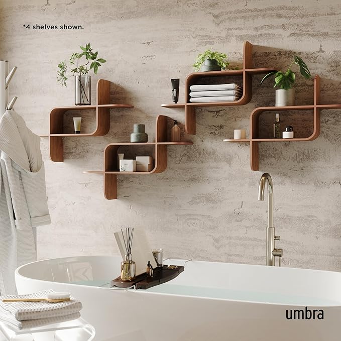Umbra Montage Floating Wall Shelf Display Case, Made of Natural Bent Wood, Light Walnut