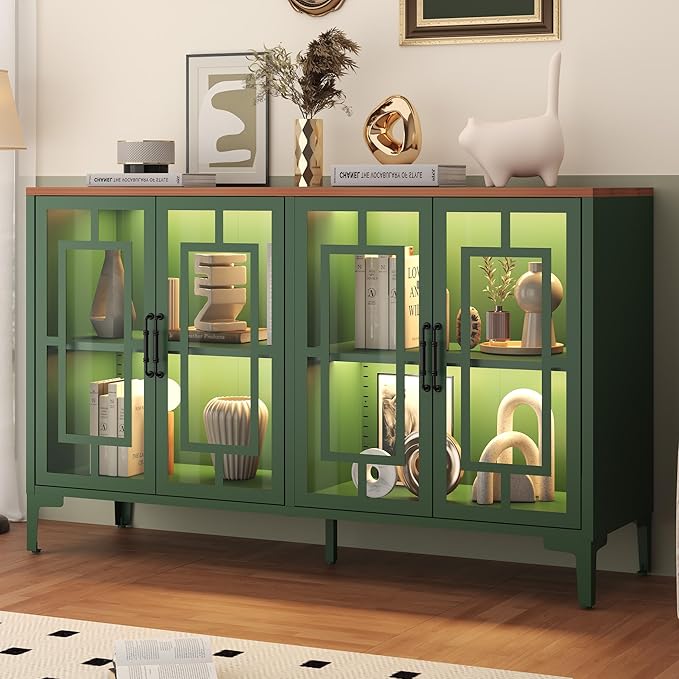 53" Glass Sideboard Buffet Cabinet with COB Lights, Adjustable Shelves, Modern Metal-Wood Buffet Table with Storage, Lighted Coffee Bar Display Cabinet for Dining Room Kitchen, Green