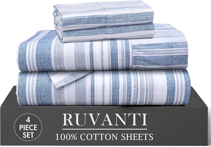 RUVANTI 100% Cotton Percale Sheets Twin XL Size 4 Piece Set, Cooling Bed Sheets for Hot Sleepers, Deep Pocket 16”, Breathable Lightweight & Durable, Crisp Hotel Style Sheets, Naval Blue