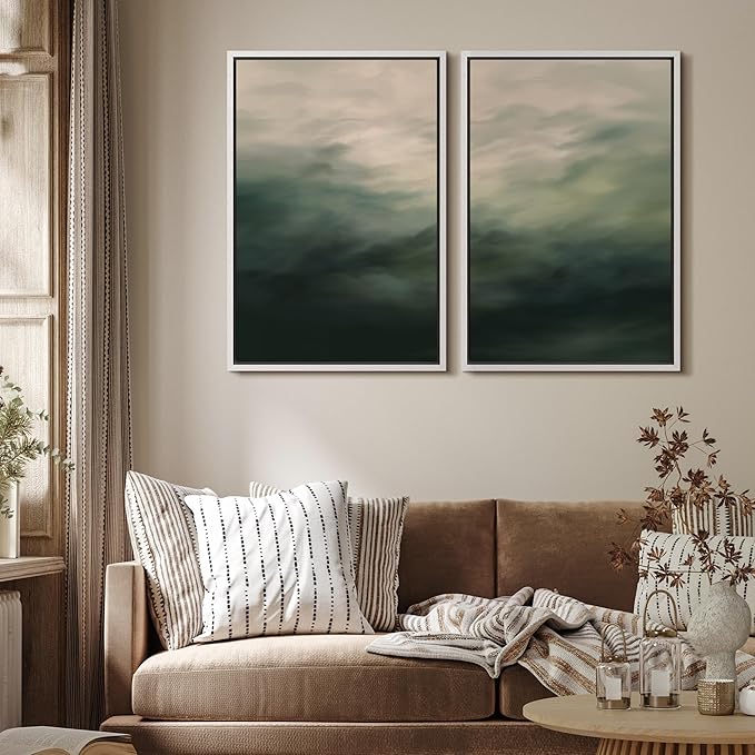MUDECOR Framed Canvas Print Wall Art Dark Green Abstract Misty Landscape Moody Illustrations Modern Art Decorative Chic for Living Room, Bedroom, Office - 16"x24"x2 White