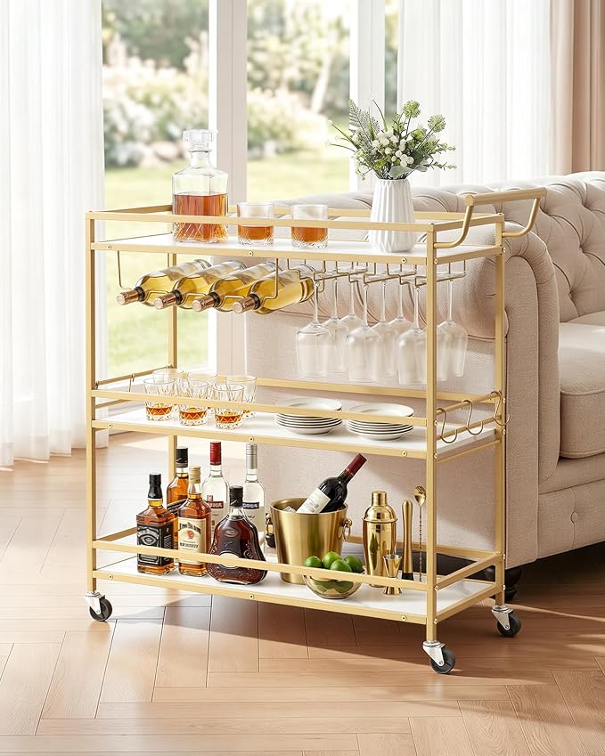VEVOR Bar Cart, 3 Tiers Home Kitchen Serving Carts, Modern Rolling Utility Station on Wheels, Mobile Drink Beverage Trolley with Wooden Shelf, Wine Rack, and Glass Holder, 35.83x12.99x36.81 in, Gold