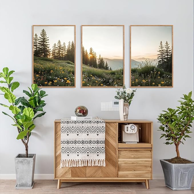 FWIEXA Green Forest Mountain Framed Canvas Wall Art Set, Wildflower Meadow Wall Decor, Floral Pictures Artwork, Nature Sunset Landscape Art Prints for Living Room, Bedroom, Office - Size 24"x36"x3
