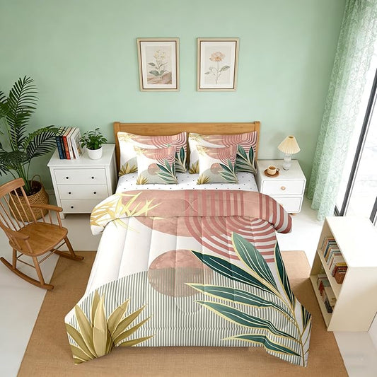 Erosebridal 7 Pcs Mid Century Boho Comforter Set Full Abstract Retro Minimalist Bedding Sets for Women,Modern Bohemian Aesthetic Bed in a Bag Simple Quilt with Flat Fitted Sheet,Pink Green