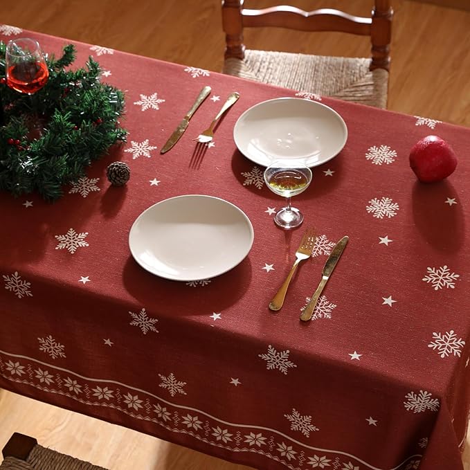 ISAENNE Designer Christmas Red Square Tablecloth,Linen Table Cloth with Snowflakes Pattern,Wrinkle Resistant Decor Tablecloths for Dining Kitchen Thanksgiving Christmas,67"*67"-Carol C