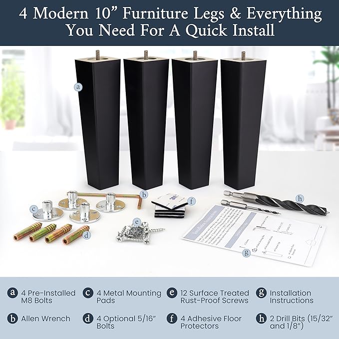 Airy Abode Premium Black Square Furniture Legs (Full Install Kit) - Pick Your Size and Color