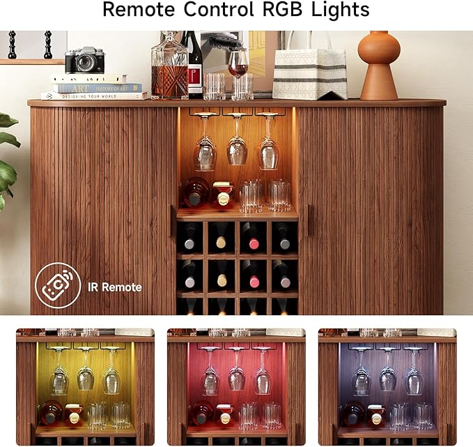 ONBRILL 55" Wine Bar Cabinet with LED Light,Modern Liquor Whiskey Coffee Station with Wine Rack and Glass Holder, Farmhouse Buffet Sideboard with Storage for Living Room, Kitchen, Entryway (Walnut)