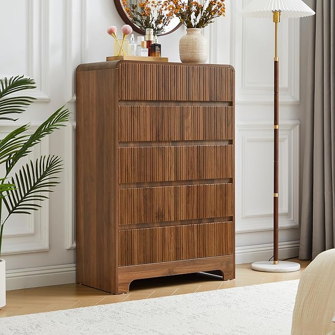 BERRYMERRY 5 Drawer Dresser for Bedroom,Flute 45" Tall Dresser with Curved Profile, Mid Century Modern Vertical Wood Drawer Organizer for Bedroom Living Room